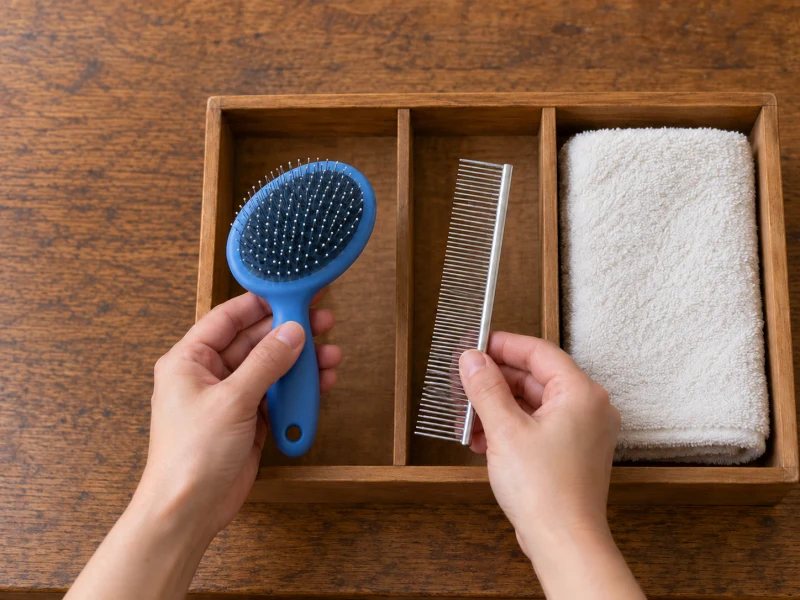 Hands inspect a generic blue brush beside a comb and towel in a small tray.