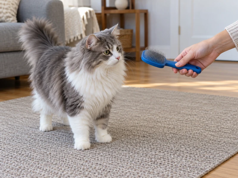 A long-haired cat looks toward a generic blue brush held at a distance.