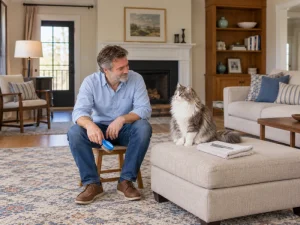 A man sits beside a long-haired cat with a generic brush and a separately placed comb.