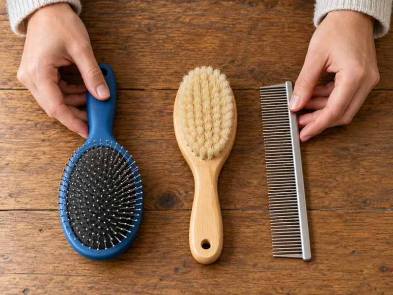 Hands arrange a generic pin dog brush, bristle brush and straight comb on a table.