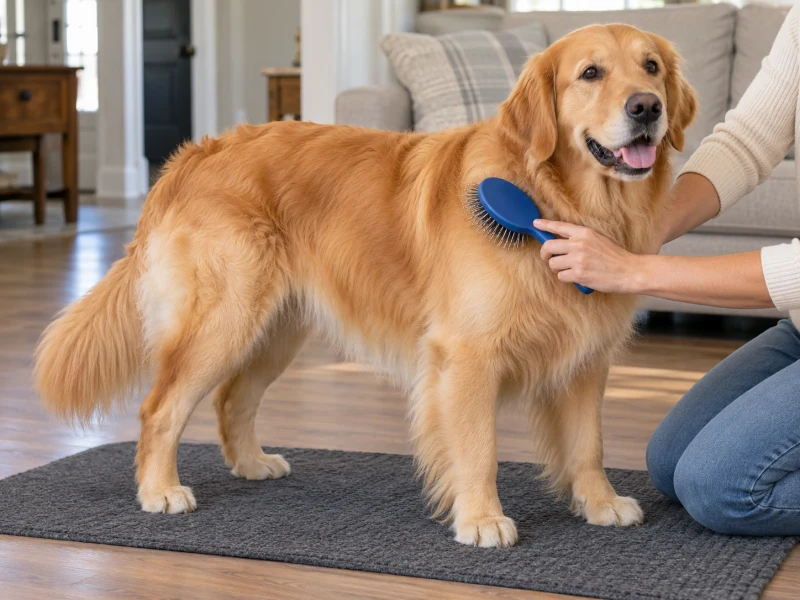Hands hold a generic blue dog brush near a standing golden retriever’s shoulder.