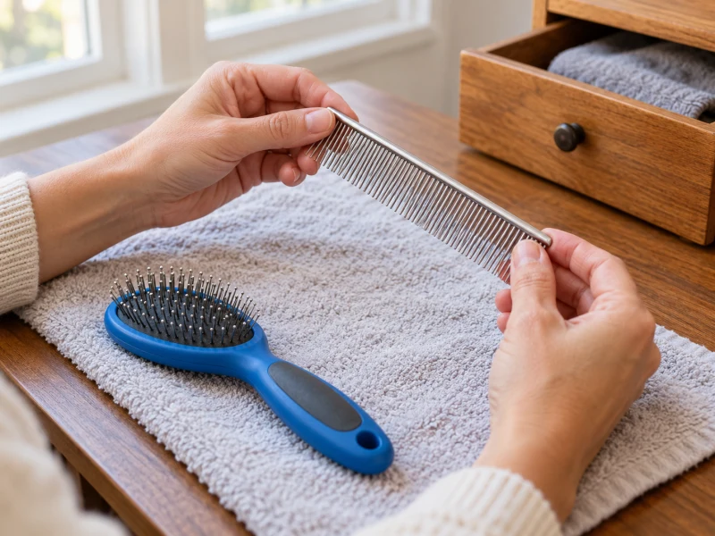 Hands inspect a generic comb beside a blue brush on a towel.
