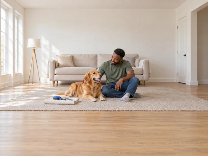 A man sits beside a golden retriever with a generic blue dog brush and comb nearby.