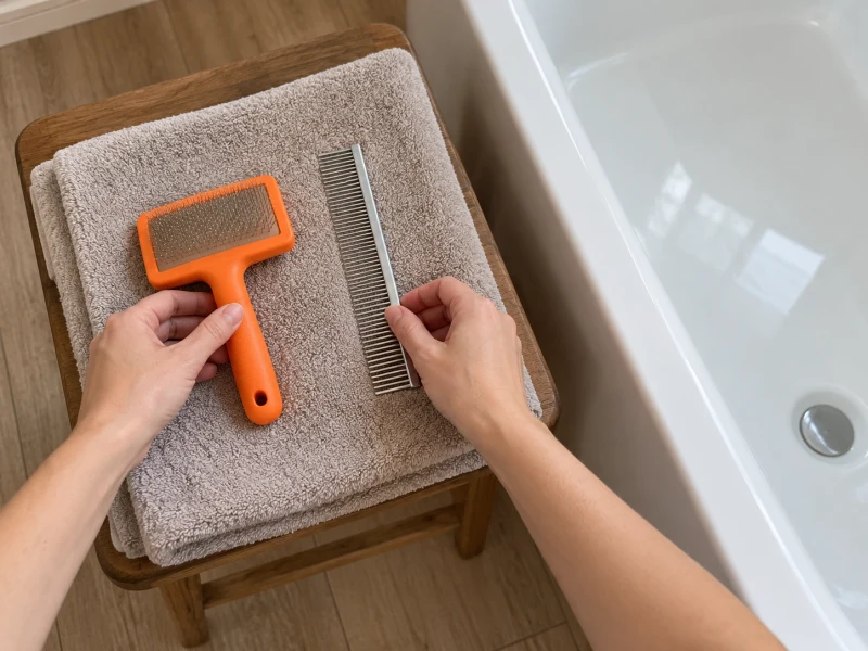 Hands prepare a generic orange brush and comb beside an empty tub.