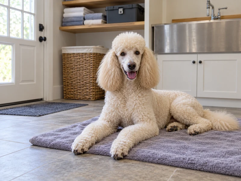 A cream poodle rests on a towel-covered mat near stored care supplies.