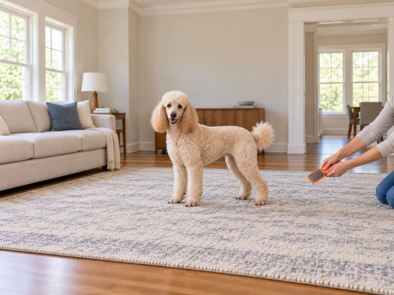 Poodle grooming preparation with a cream dog standing on a rug and an orange brush held aside.