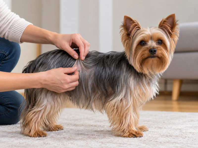 Hands gently separate an accessible section of a Yorkie’s longer coat.
