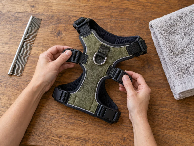 Hands inspect a generic fabric harness beside a comb and towel.