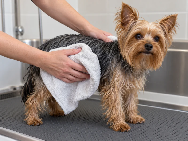 Hands gently hold a towel against a Yorkie’s coat on a nonslip surface.
