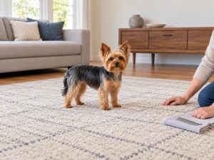 Yorkie grooming preparation with a small dog on a rug and a generic comb set aside.