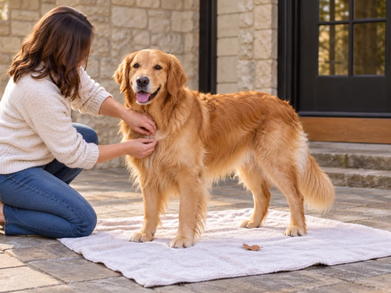 Hands gently check a Golden Retriever’s accessible shoulder and chest coat.