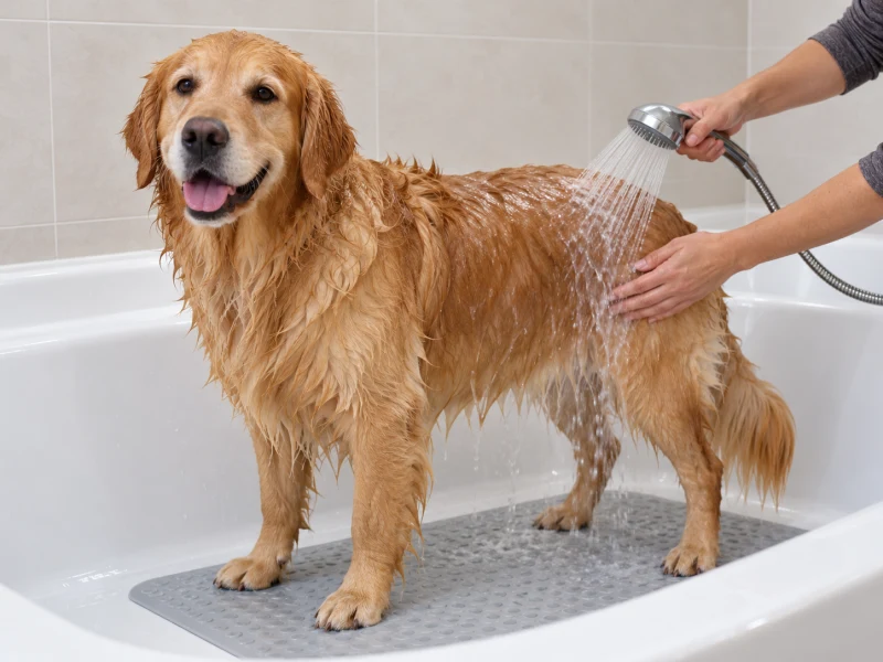 Hands direct a gentle rinse toward a Golden Retriever’s side in a tub.