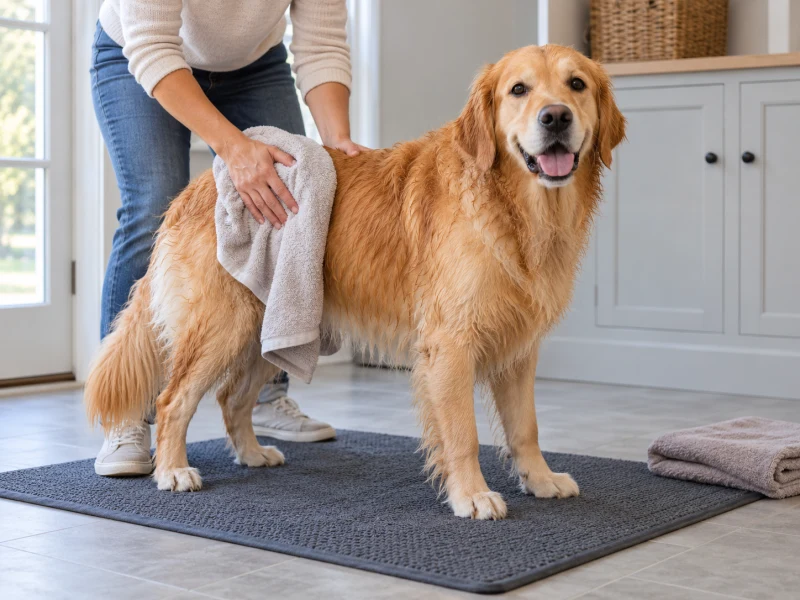 Hands hold a towel against a Golden Retriever’s coat on a nonslip mat.