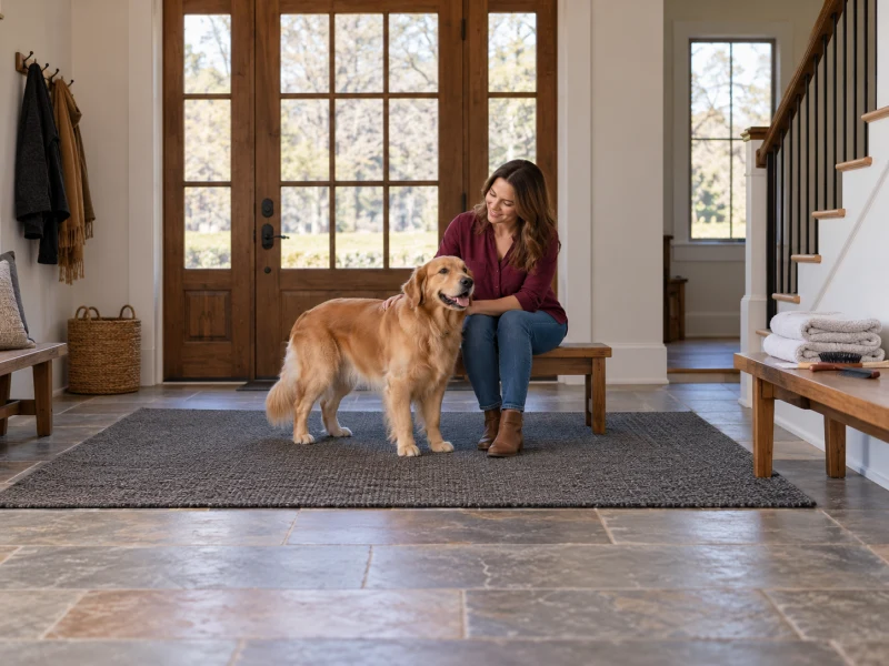 Golden Retriever grooming preparation with a woman, dog and towels beside an entrance rug.