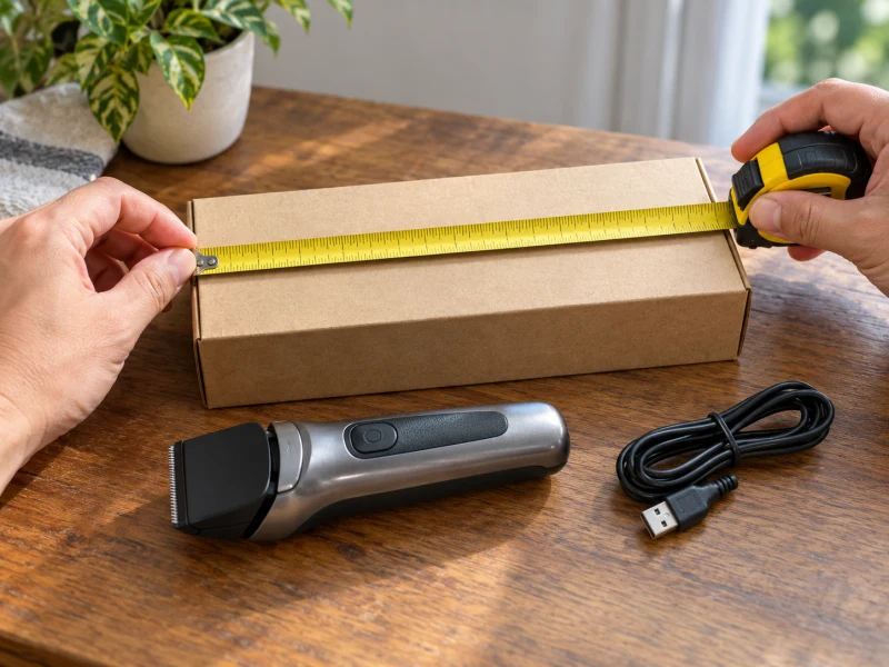 Hands compare a plain box and generic grooming equipment with a tape measure.