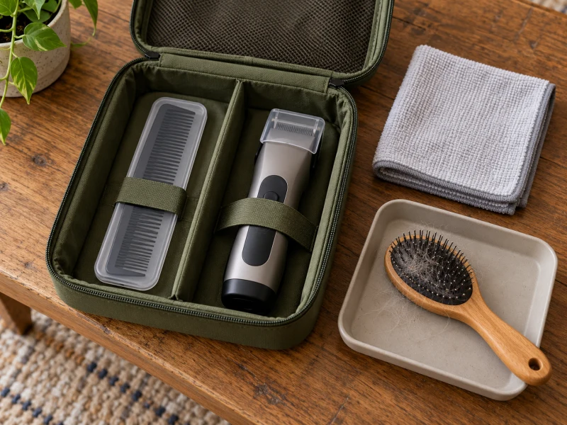 A divided generic case holds protected equipment beside a separate tray with a used brush.