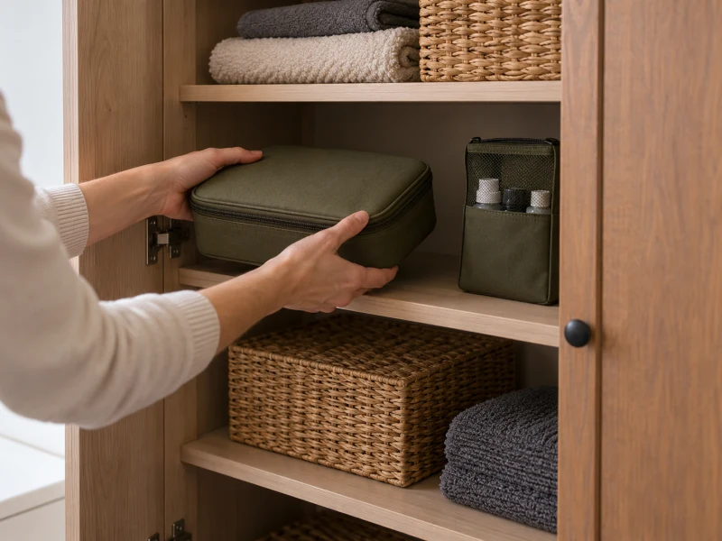 Hands place a generic closed grooming case in a dry cupboard beside a separate pouch.