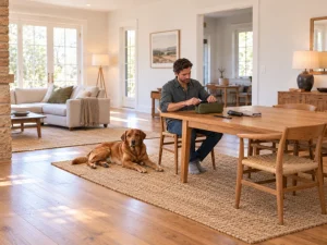 A man organizes a generic dog grooming box while a dog rests nearby.