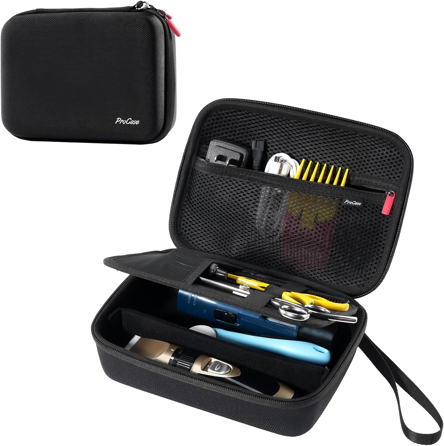 Black ProCase pet grooming storage case shown closed and open, with illustrative tools in the retailer photo; case only, tools excluded.