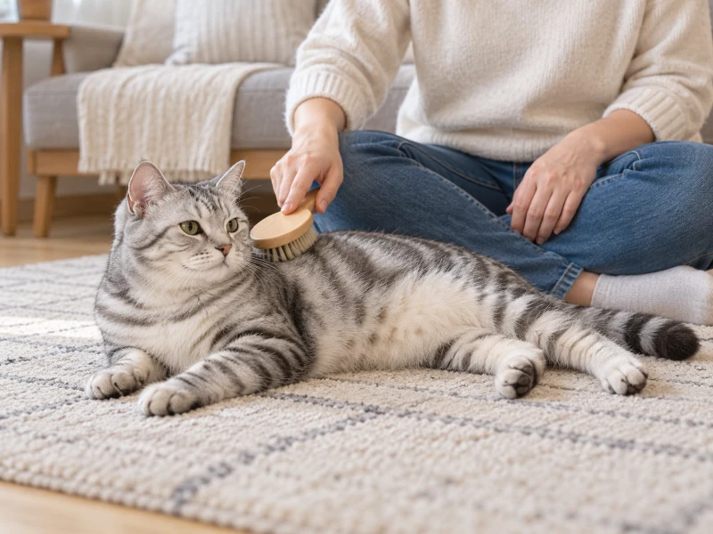 A complete cat rests beside a person holding a plain manual brush near its shoulder.