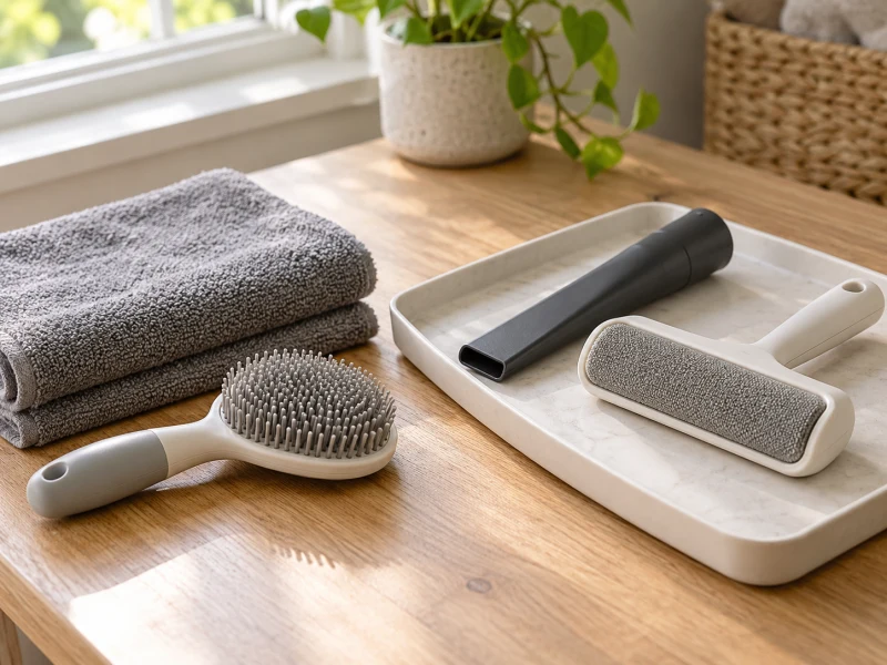 Generic grooming and household-cleanup attachments are arranged separately on a dry table.