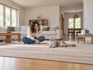 A woman sits at floor level near a relaxed cat with a generic switched-off appliance farther away.
