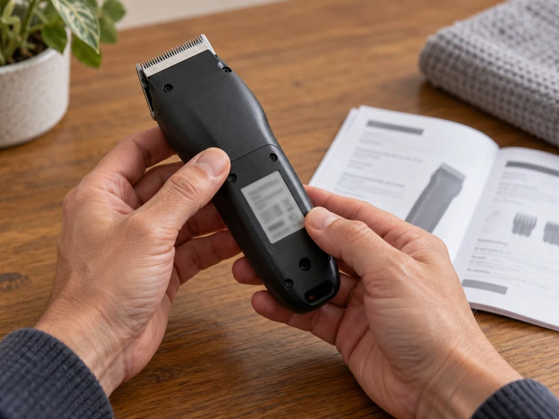 Hands inspect a generic unplugged clipper’s underside beside an instruction booklet.