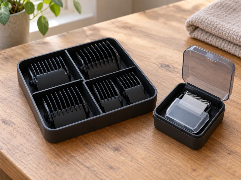 Generic length guards and a protected blade assembly are stored separately.