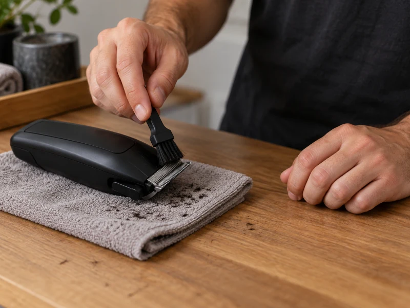 A small brush clears loose hair near a generic unplugged clipper on a dry cloth.