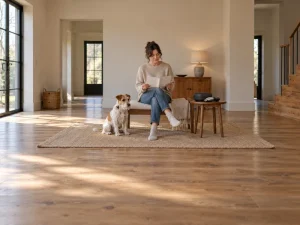 A woman reads instructions beside a dog with a generic clipper on a separate table.