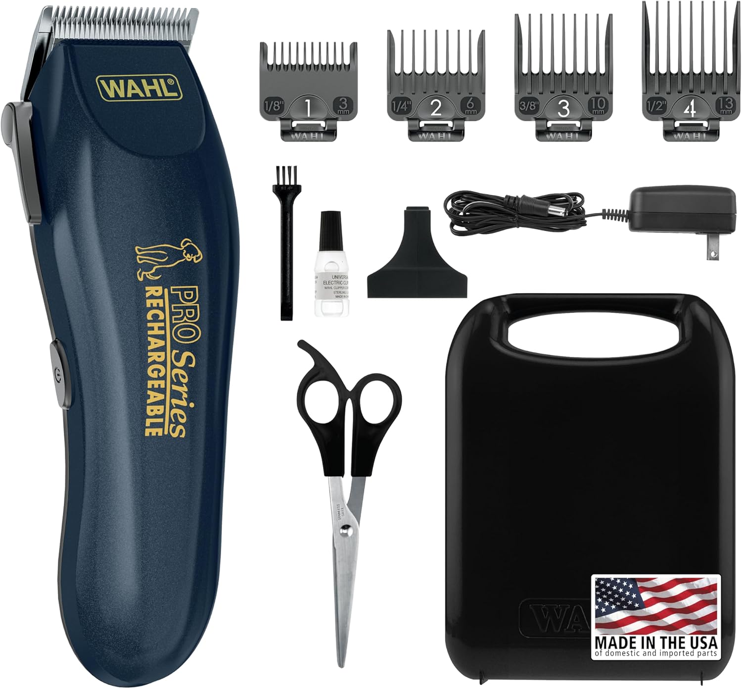 Blue Wahl Deluxe Pro Series cordless pet clipper with the supplied kit accessories in the current retailer photo.