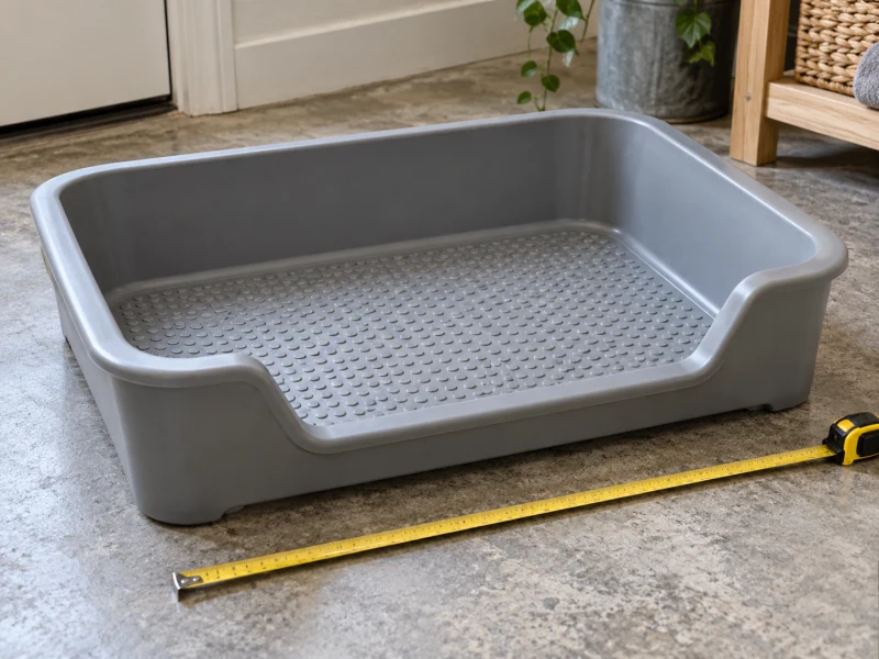 An empty generic dog wash basin illustrates inner standing space and outer-rim measurements.