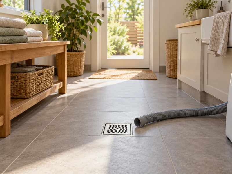 A loose drain hose near a utility-room floor drain illustrates dog wash basin drainage planning.