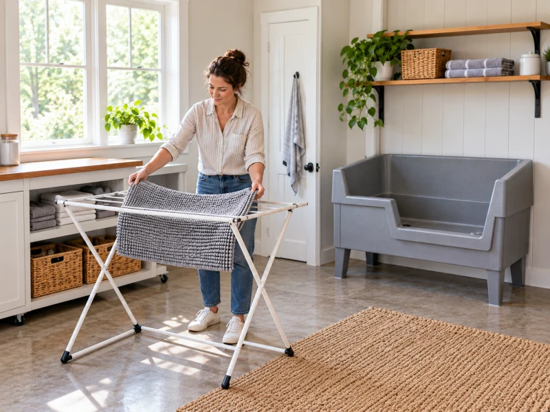 An adult places a bath mat on a drying rack beside an empty generic basin.