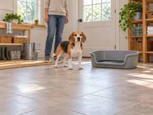 A beagle stands beside an empty dog wash basin in a utility room.