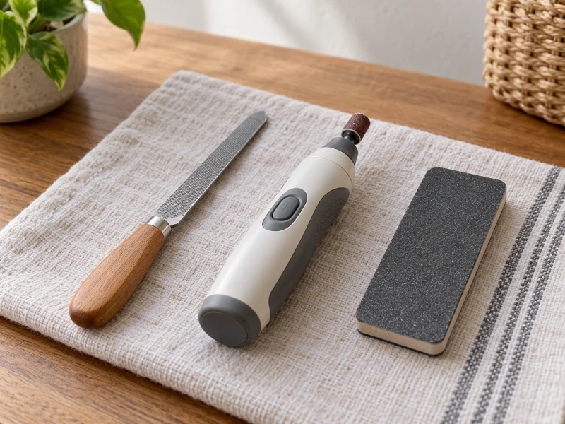 A manual nail file, stationary grinder and abrasive board illustrate different nail-care mechanisms.