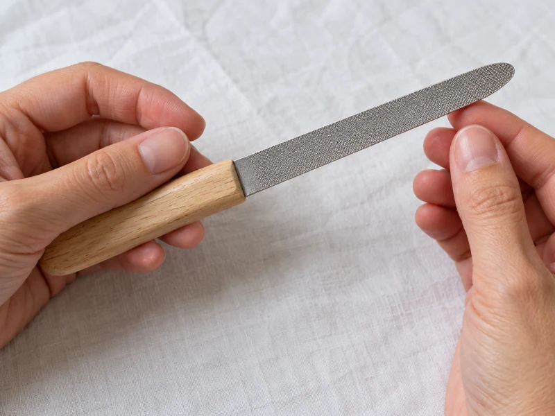 An adult inspects the surface and handle of a generic manual nail file.