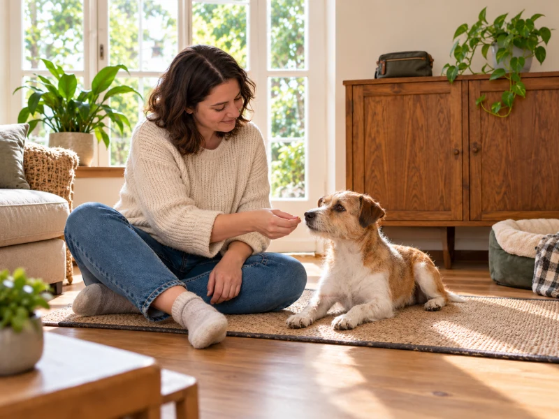 A terrier rests beside an owner during a pause from nail-care preparation.