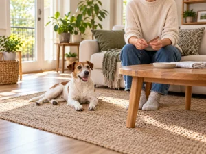A terrier rests near an owner holding a generic dog nail filer away from the paws.