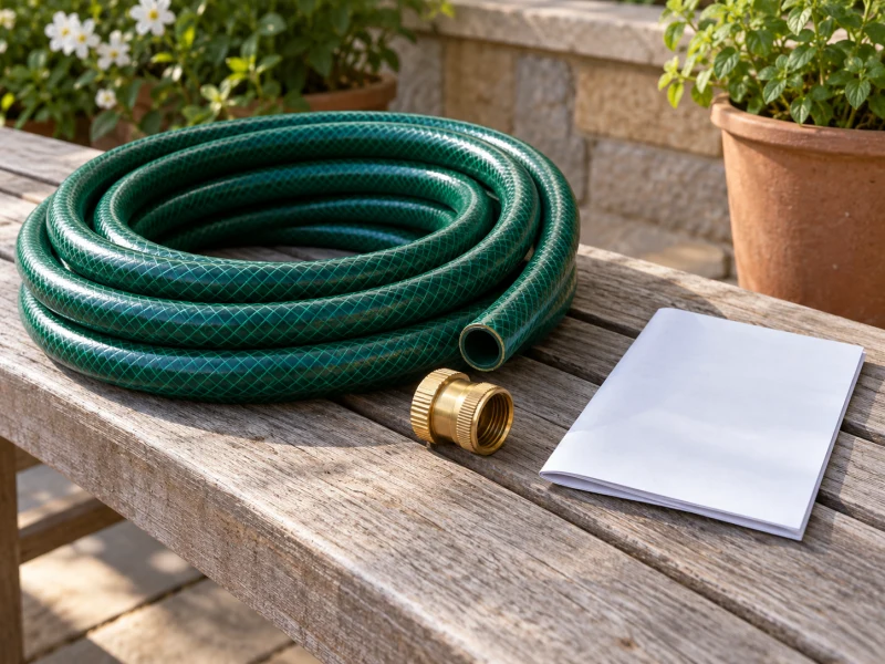 A detached generic hose, coupling and blank booklet illustrate checking water-toy requirements.