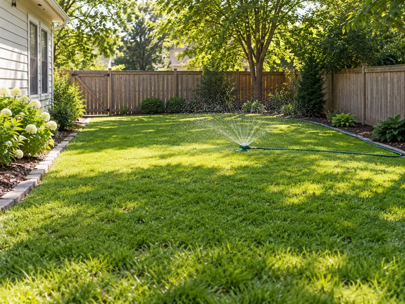 An empty lawn and generic sprinkler illustrate outdoor water-play space planning.