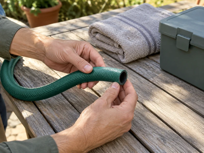 An adult inspects a detached generic hose beside dry storage items.