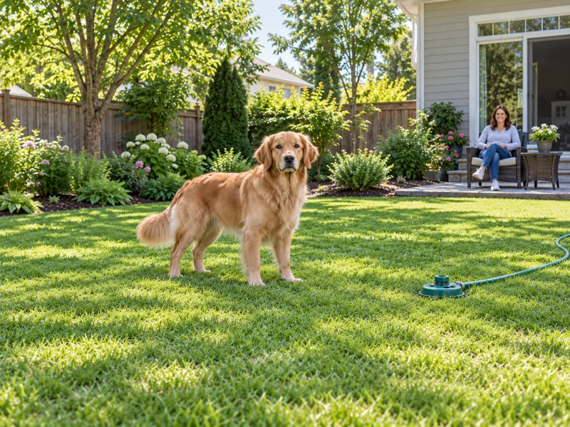 A golden retriever stands in a yard with an owner and an inactive generic sprinkler.