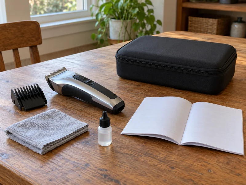 A stationary generic clipper and separate guard lie beside a blank booklet and storage case.