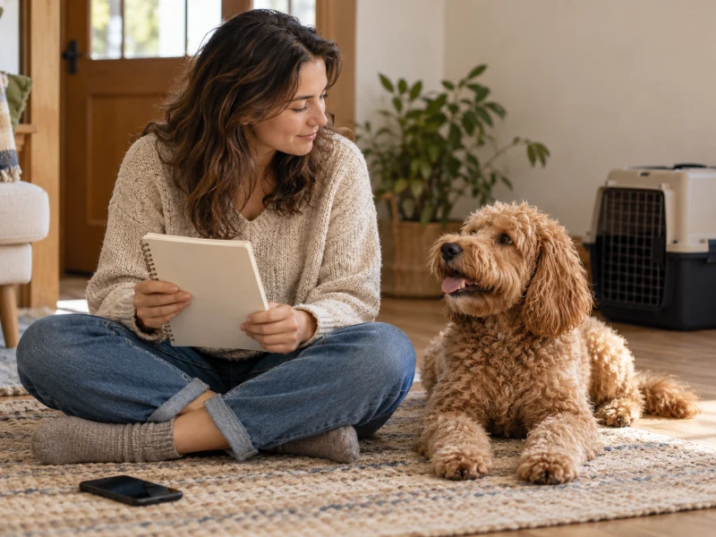 An adult with a dog and notebook illustrates preparing notes for professional grooming advice.
