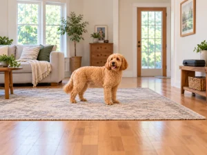 A curly-coated dog stands comfortably before a decision about a dog haircut at home.