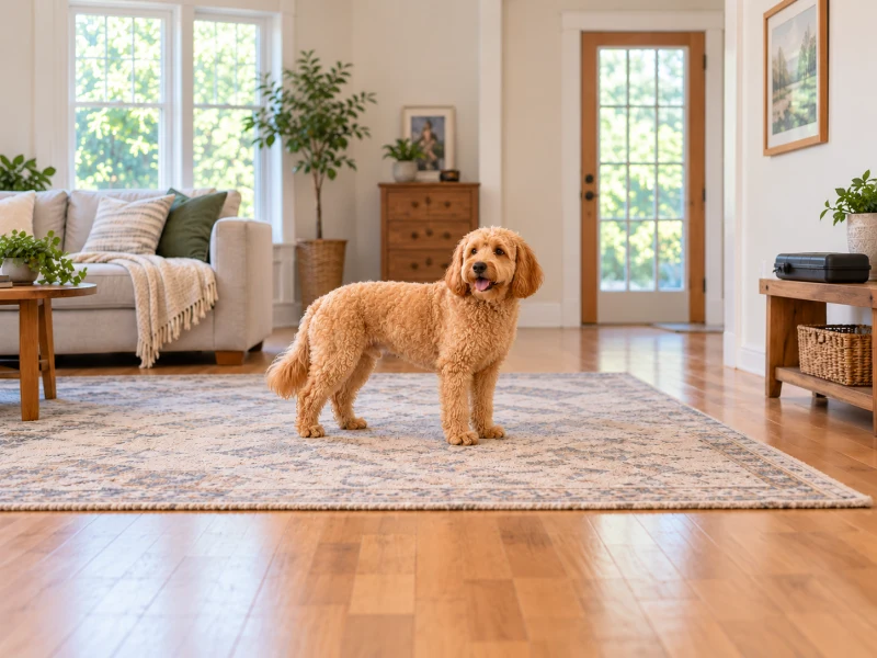 A curly-coated dog stands comfortably before a decision about a dog haircut at home.