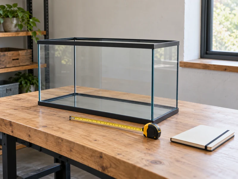 A dry empty aquarium, tape measure and notebook illustrate installation measurements.