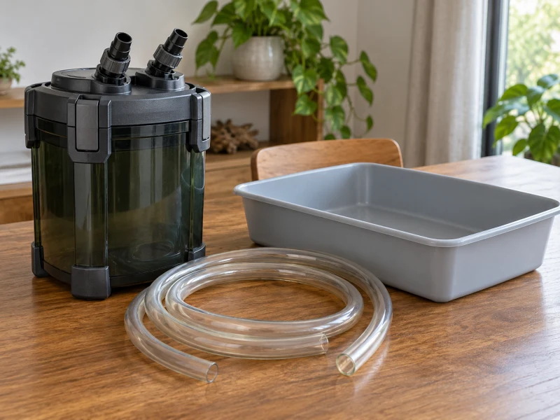 A generic disconnected canister illustrates service space for external aquarium filters.