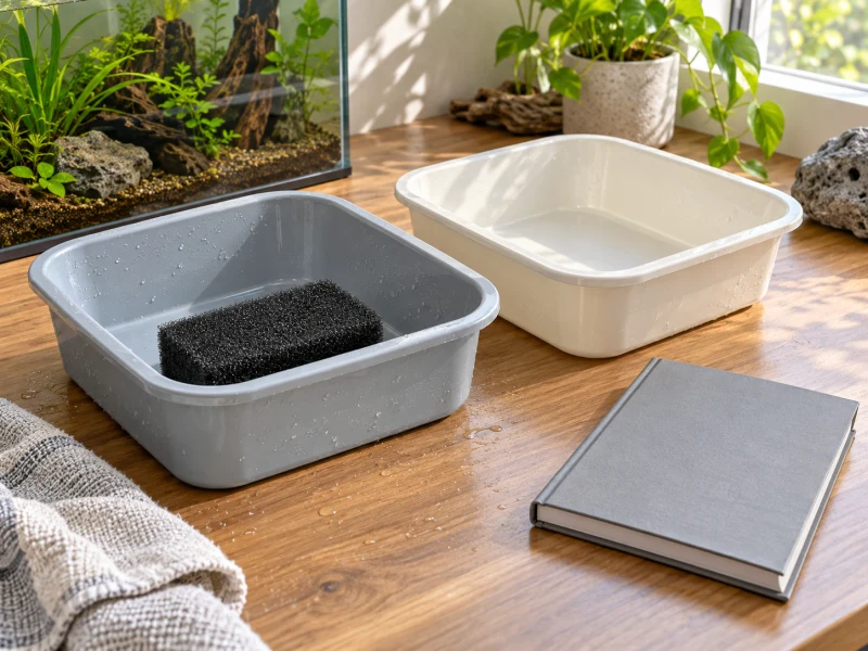 Separate basins and a sponge illustrate maintenance space for aquarium filters.